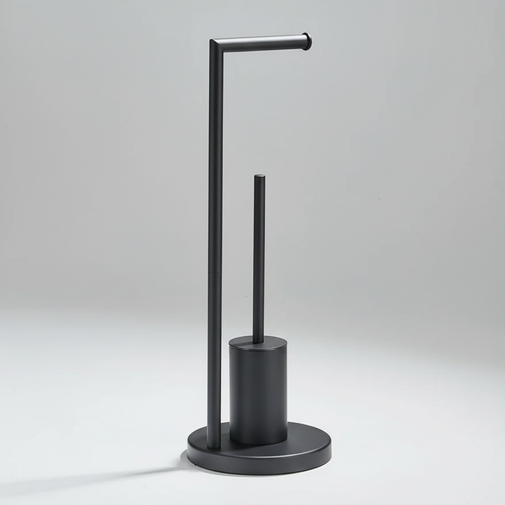 Zwarte wandgemonteerde toiletrolhouder met borstel voor optimale hygiëne in de moderne badkamer.