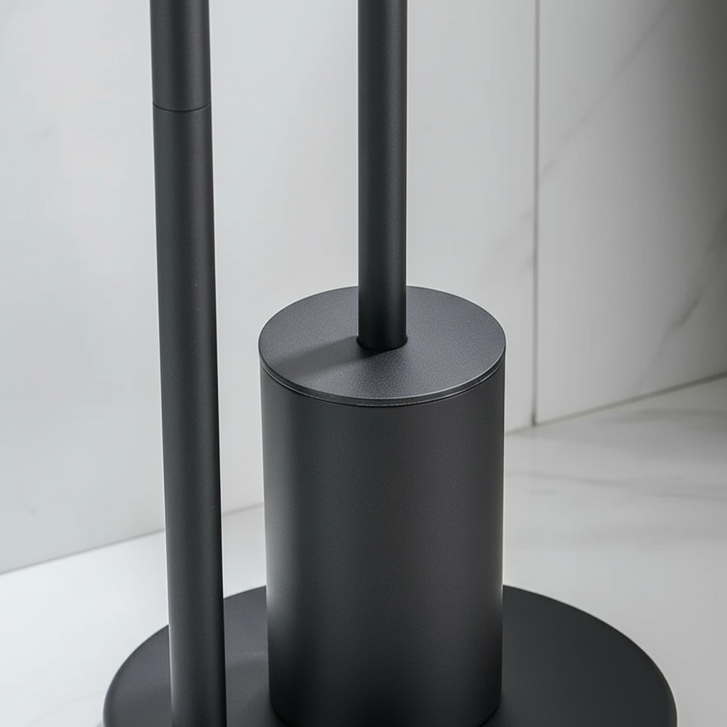 Stijlvolle zilveren toiletrolhouder met borstel, perfect voor wandmontage en een opgeruimde badkamer.
