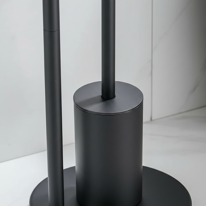 Stijlvolle zilveren toiletrolhouder met borstel, perfect voor wandmontage en een opgeruimde badkamer.