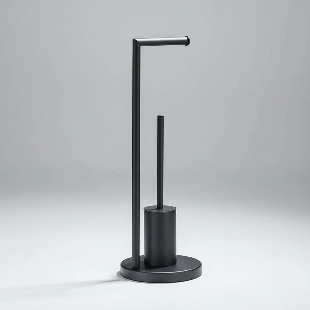 Ruimtebesparende NeatRoller toiletrolhouder met borstel, elegant aan de wand gemonteerd voor een strakke look.