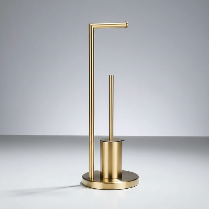 Compacte wandgemonteerde toiletrolhouder en toiletborstel, modern design voor een georganiseerde en frisse badkamer.