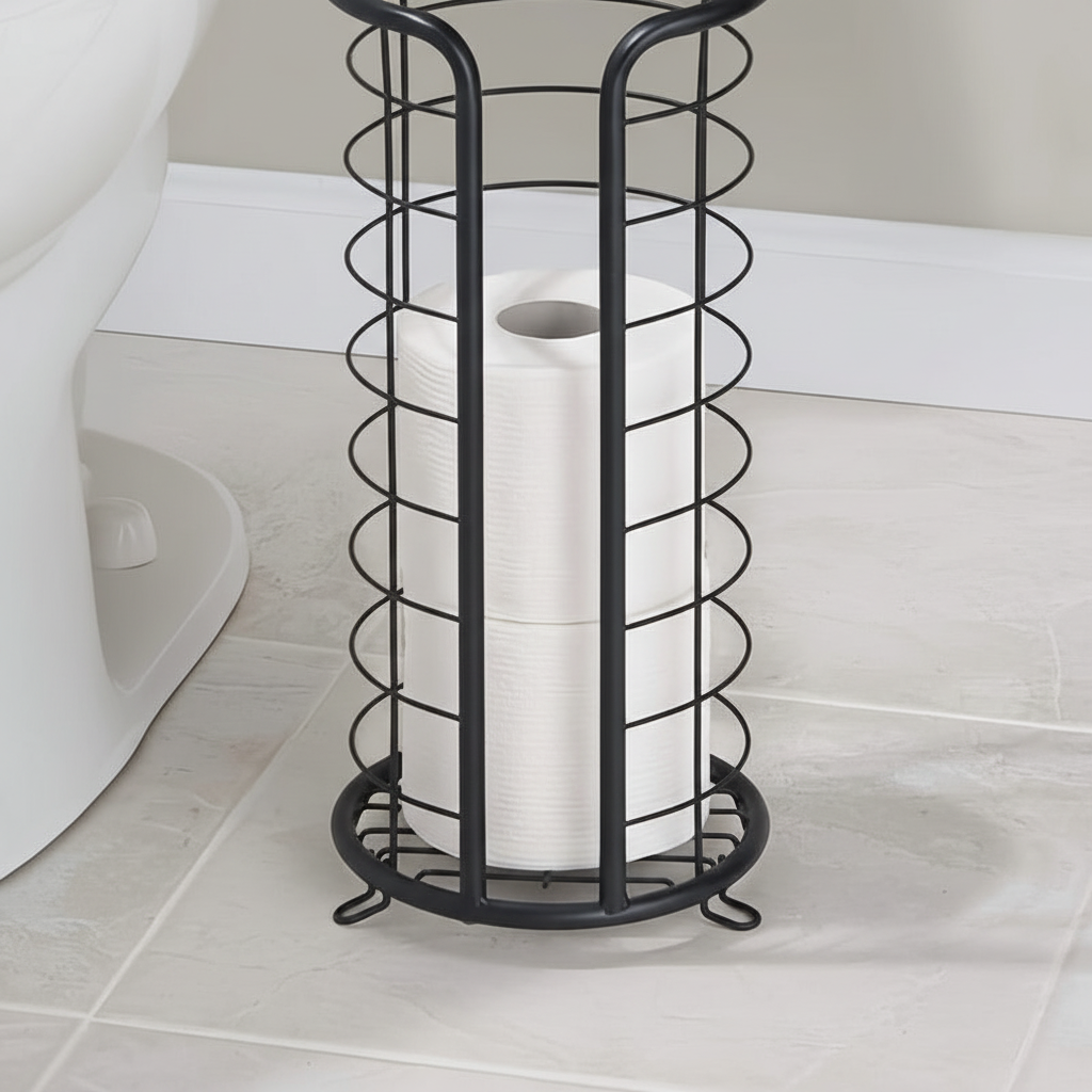 Zwarte vrijstaande toiletrolhouder, elegant en ruimtebesparend badkameraccessoire van PaperNest.