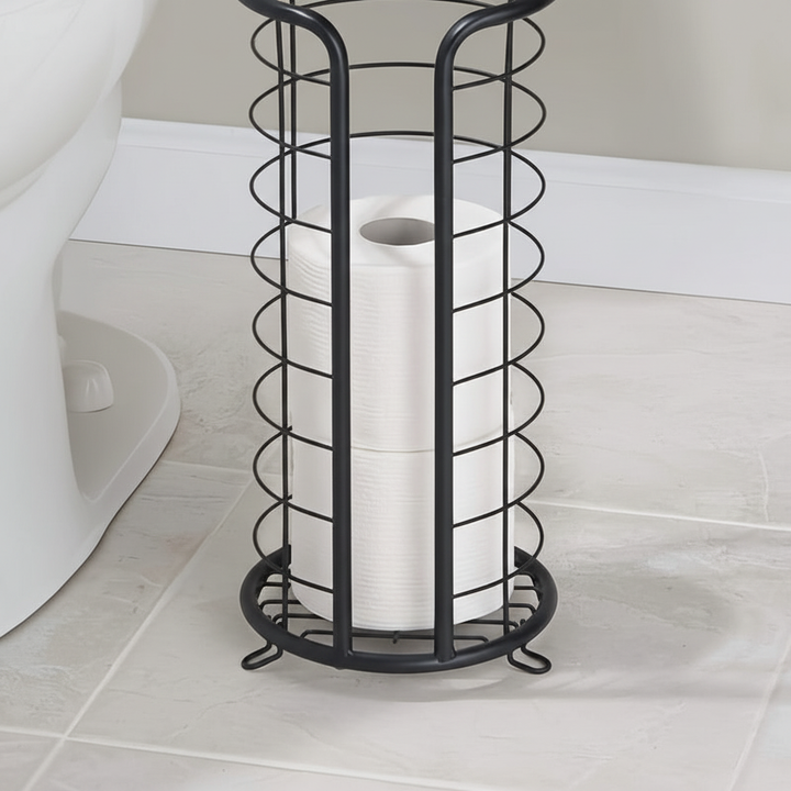 Zwarte vrijstaande toiletrolhouder, elegant en ruimtebesparend badkameraccessoire van PaperNest.