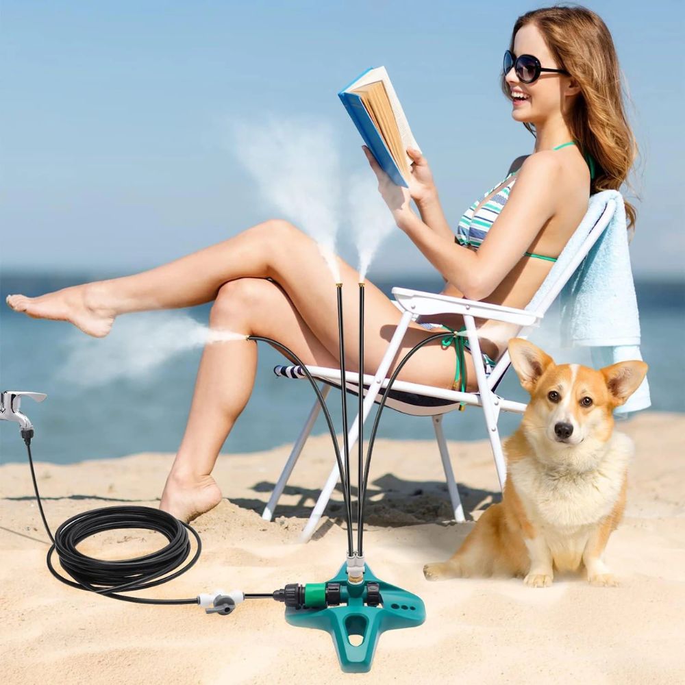 mvb26 vernevelingssysteem op terras, sproeit fijne watermist voor verkoeling en hydratatie van planten. Perfect voor zomer.