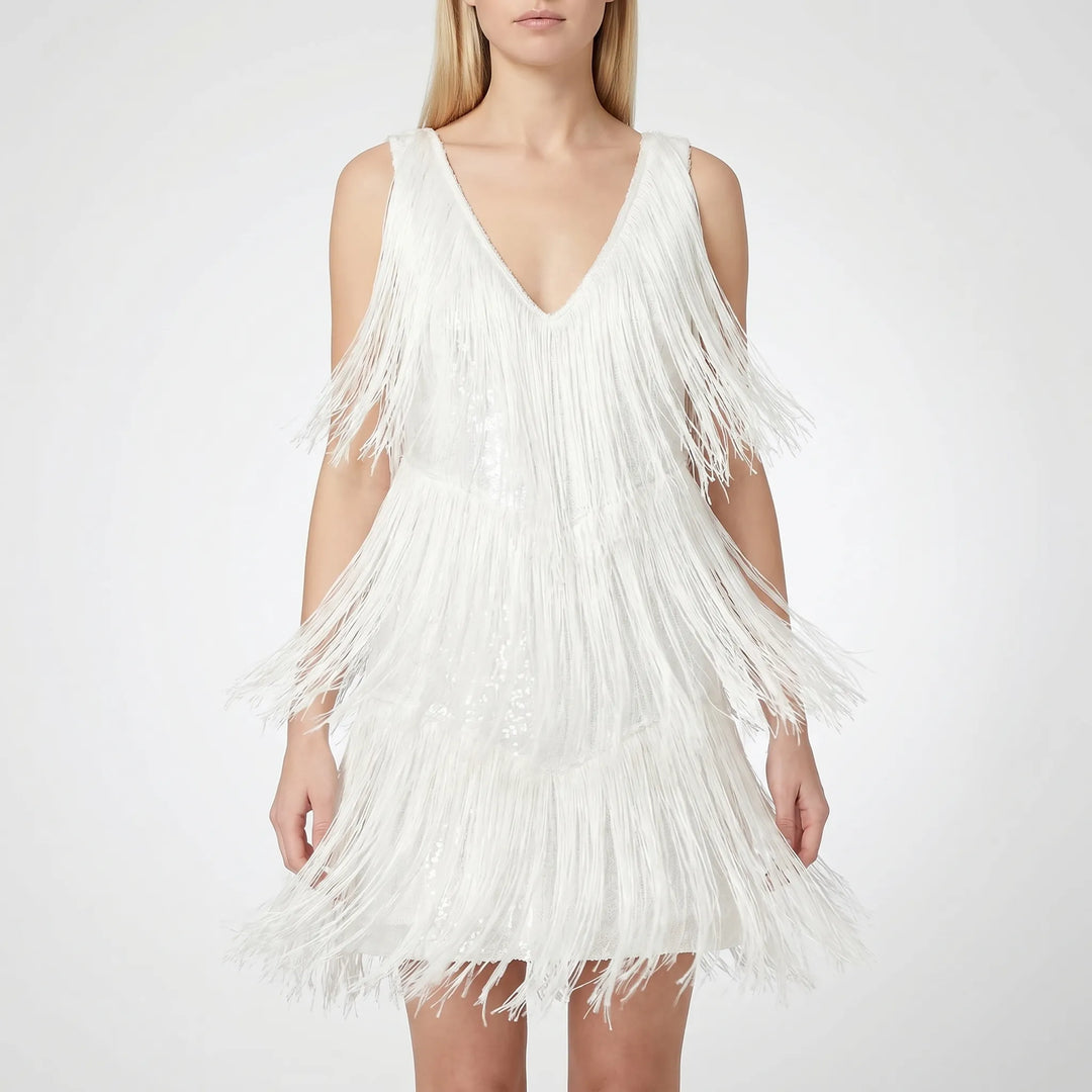 Glinsterende franje mini-jurk voor dames, ideaal als feestjurk of avondkleding. Mouwloos en elegant.