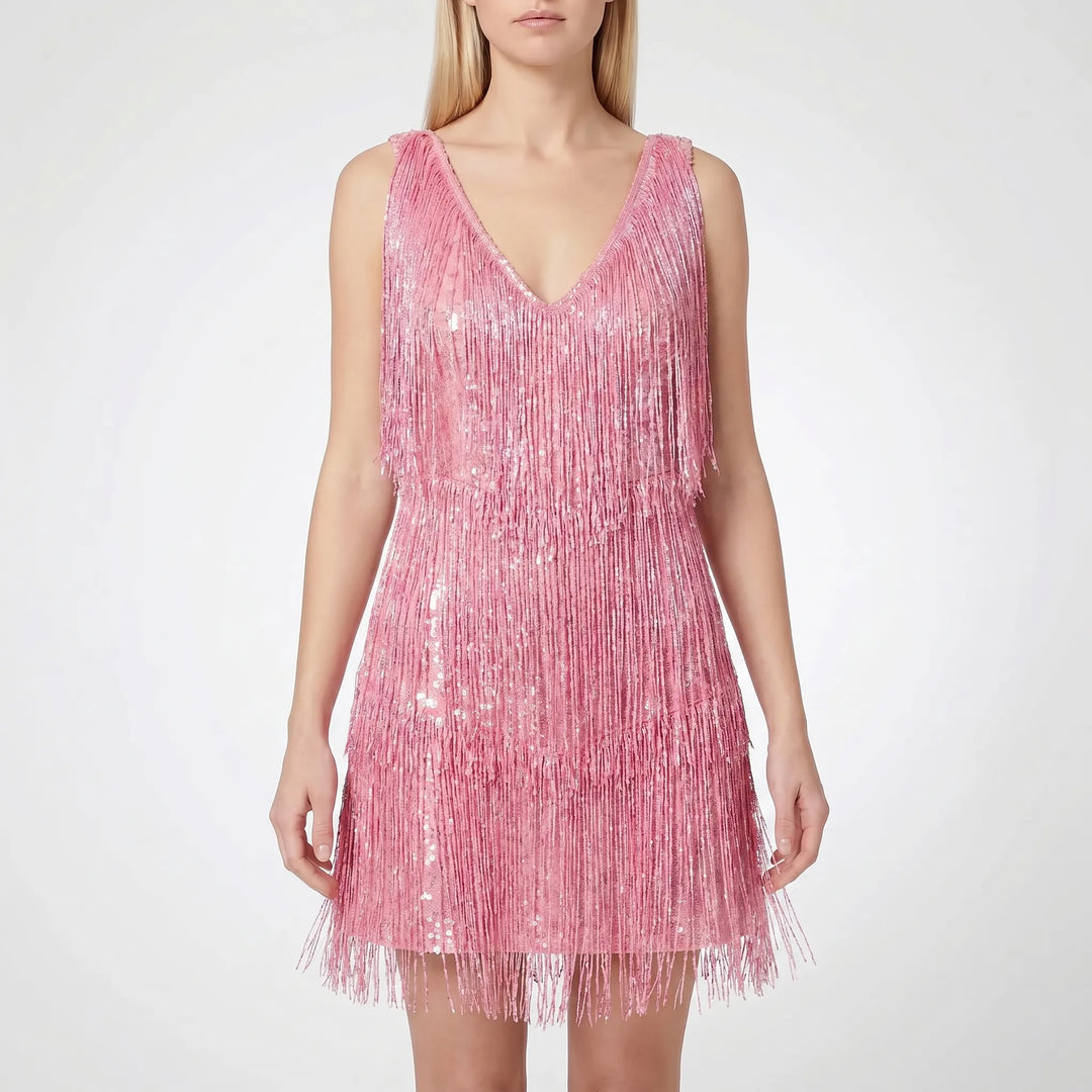Glamoureuze dames mini-jurk met sprankelende franjes. Een mouwloze cocktailjurk, ideaal voor elk feest.