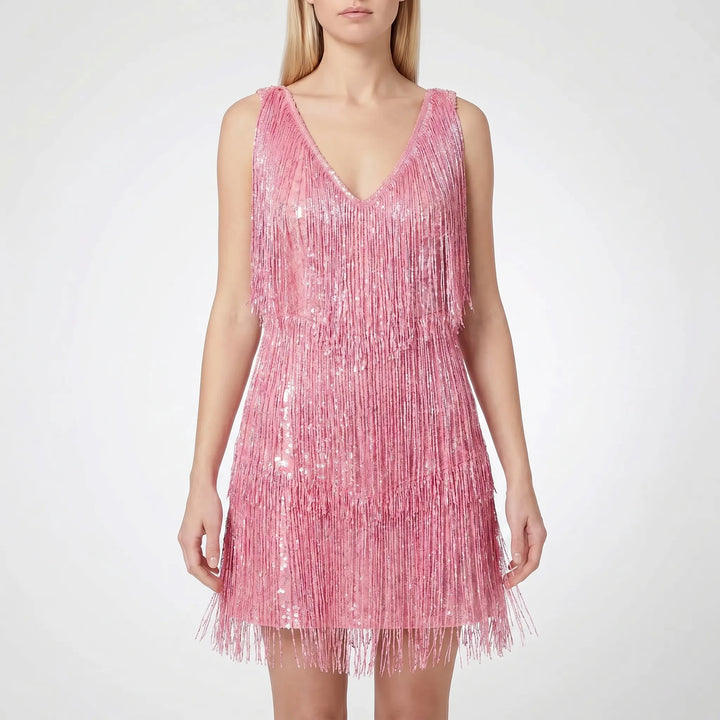 Glamoureuze dames mini-jurk met sprankelende franjes. Een mouwloze cocktailjurk, ideaal voor elk feest.