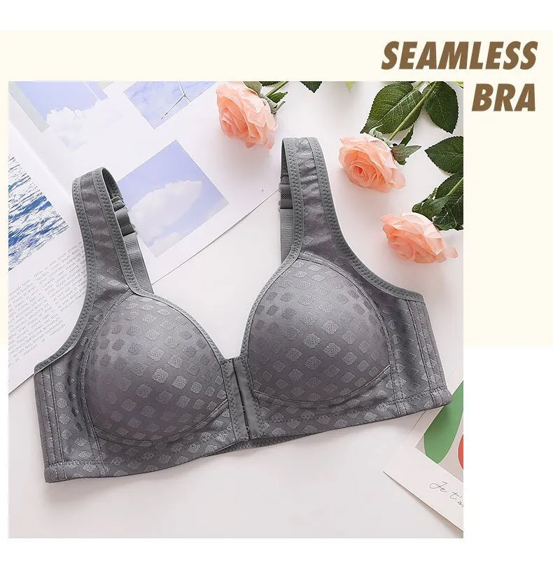 Lila dames comfort BH met voorsluiting, beugelloos en anti-verzakking eigenschappen.