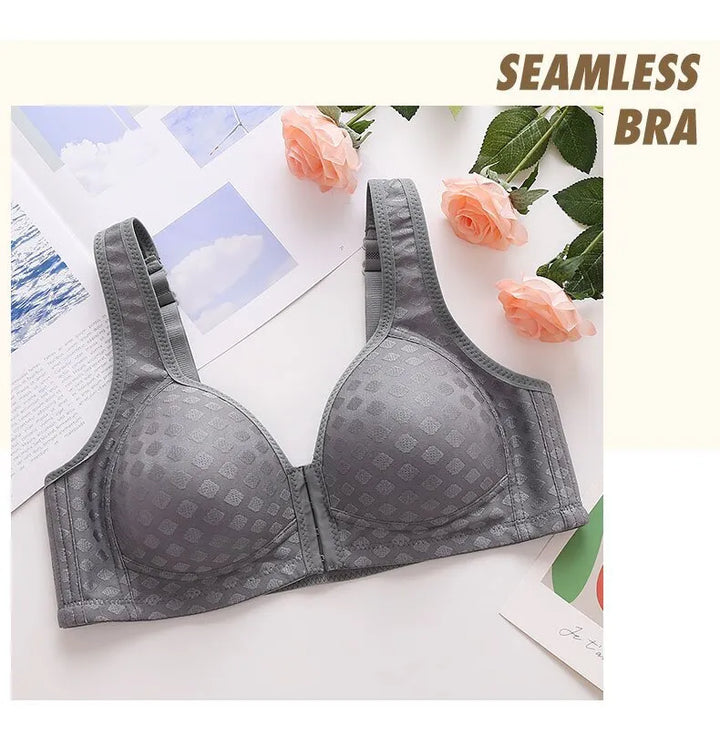 Lila dames comfort BH met voorsluiting, beugelloos en anti-verzakking eigenschappen.