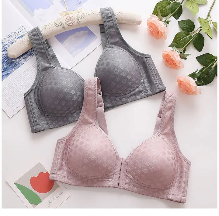 Beugelloze comfort BH met voorsluiting, perfect voor dagelijkse anti-verzakking steun.
