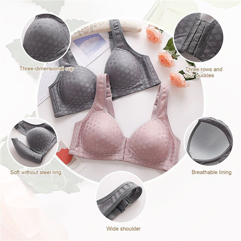Dames anti-verzakking BH, beugelloos, met praktische voorsluiting en push-up effect.