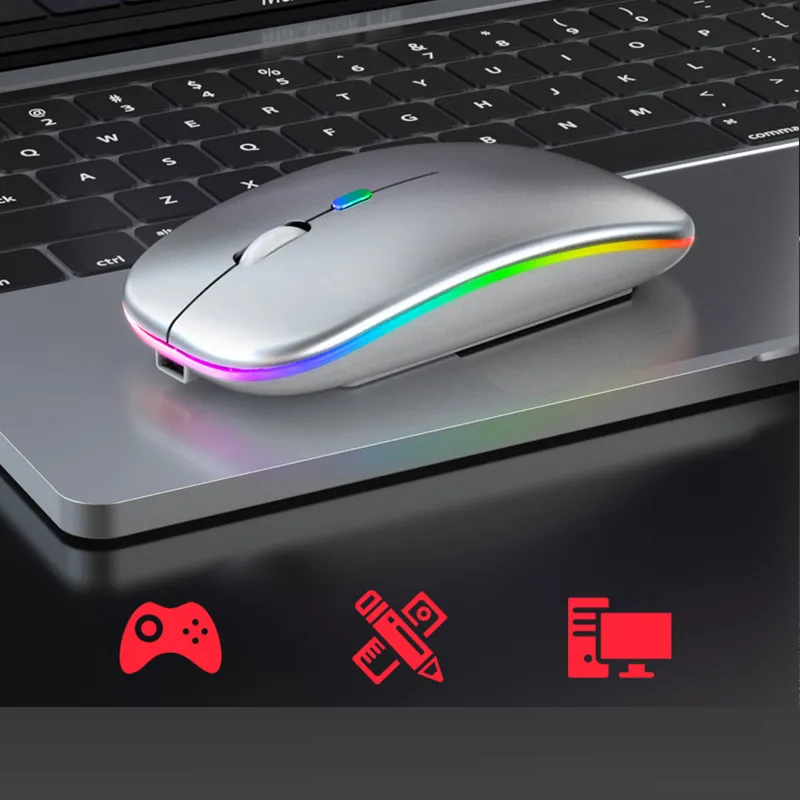 Ergonomische draadloze oplaadbare muis met kleurrijke LED-verlichting voor PC en laptop.