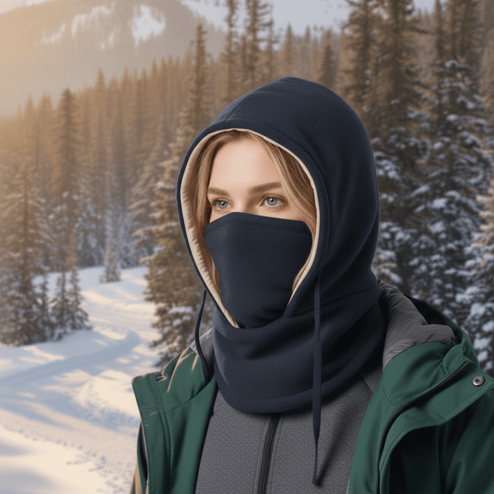 Zijaanzicht van de unisex wintermuts, met aandacht voor de geïntegreerde nekwarmer en hoofddeksel.