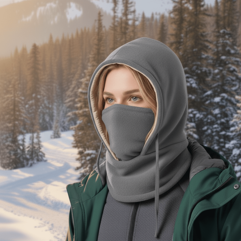 Compacte unisex wintermuts met fleece, opgevouwen en klaar voor winterkleding of buitensportuitrusting.