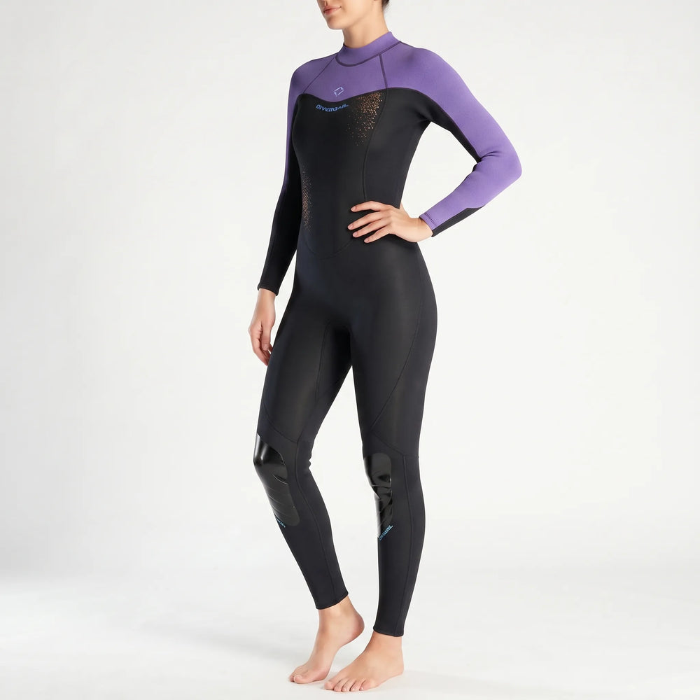 Comfortabel neopreen dames fullbody wetsuit, ideaal voor zwemmen, surfen en snorkelen in koud water.