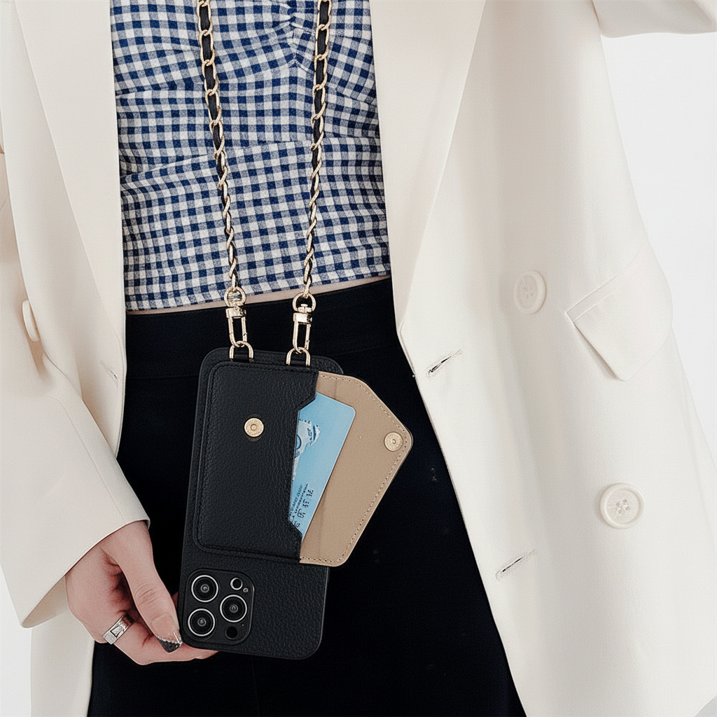 Stijlvolle en robuuste wallet case voor iPhone met pasjeshouder, gemaakt van PU-leer voor duurzame bescherming.