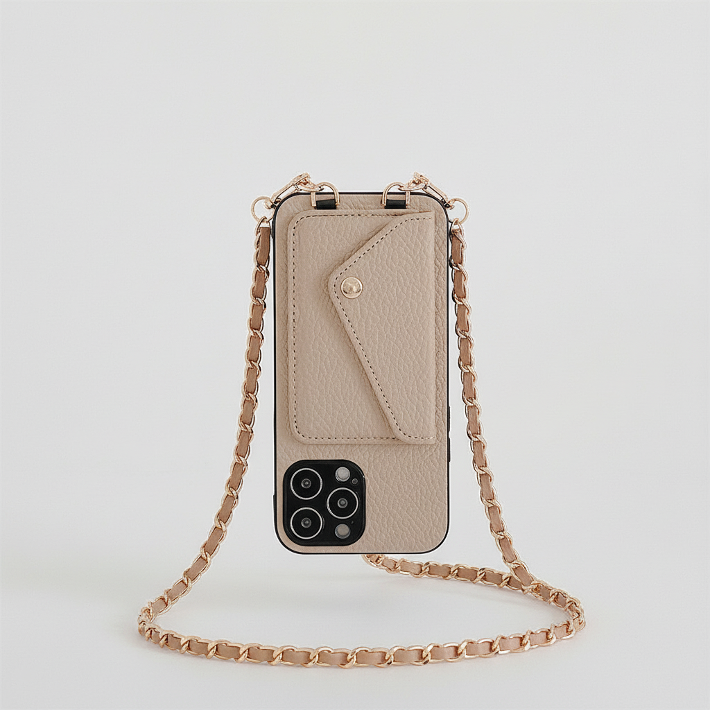 Telefoonhoesje met pasjeshouder voor iPhone, een duurzame beschermhoes die ook dient als portemonnee.