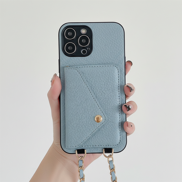 Wallet case voor iPhone van hoogwaardig PU-leer, voorzien van een magneetsluiting en meerdere pasjesvakken.