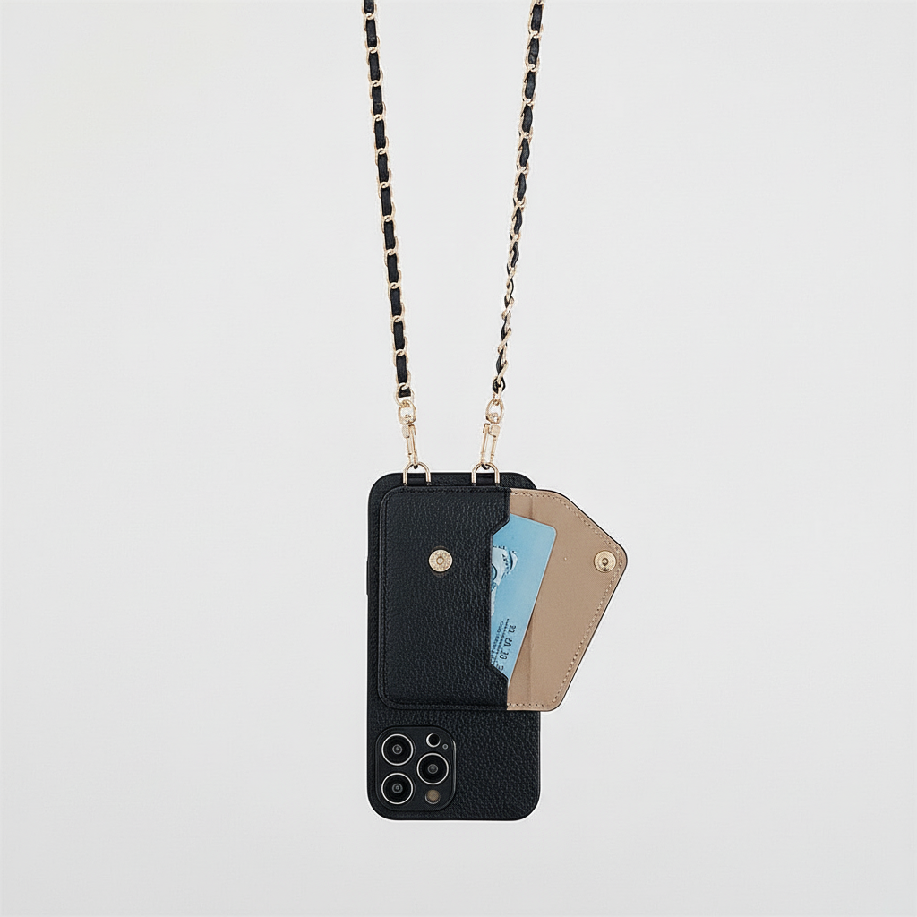 Telefoonaccessoire voor iPhone: een slimme wallet case met pasjeshouder voor extra gemak en bescherming.