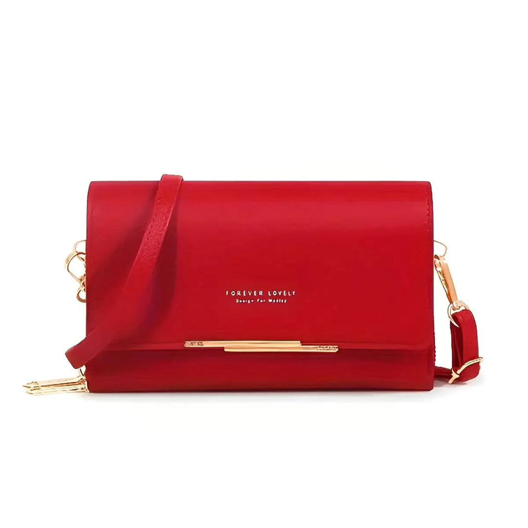 Vooraanzicht van de compacte dames handtas van PU-leer, perfect als elegant accessoire.