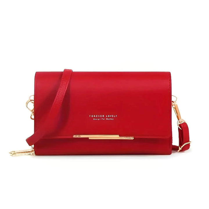 Vooraanzicht van de compacte dames handtas van PU-leer, perfect als elegant accessoire.