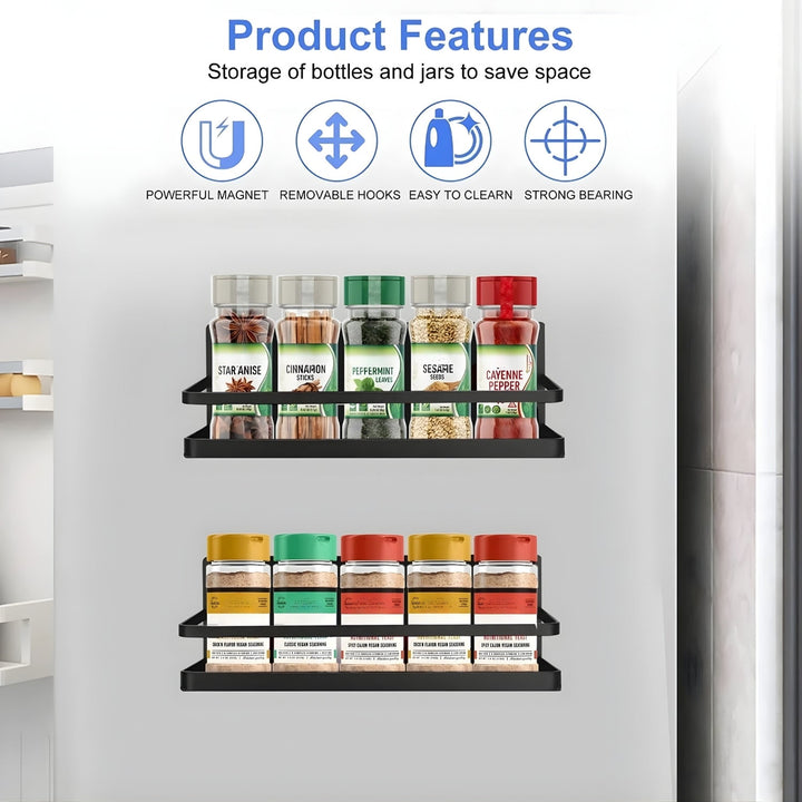 Set van zwarte stalen magnetische kruidenrekken. Geen boren nodig, perfect voor moderne keuken organisatie en opslag.