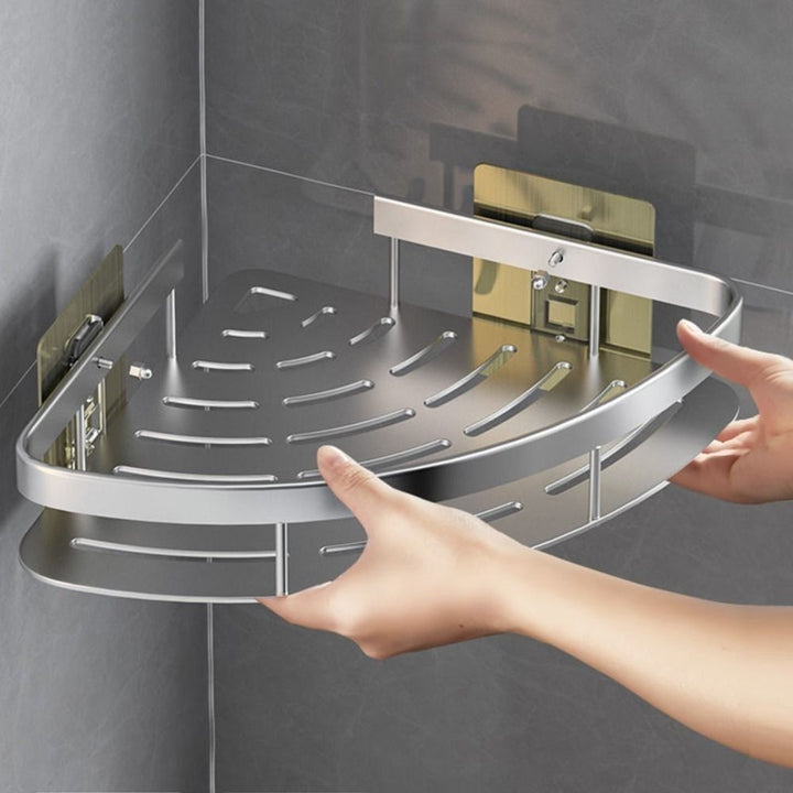 Stijlvol zilver aluminium hoekrek voor de badkamer, borenvrij te bevestigen. Modern en functioneel.