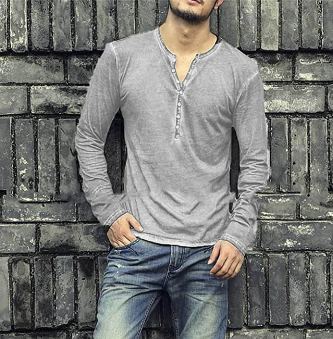 Stijlvol heren Henley shirt lange mouwen, vintage look. Perfecte casual kleding voor herfst en lente.
