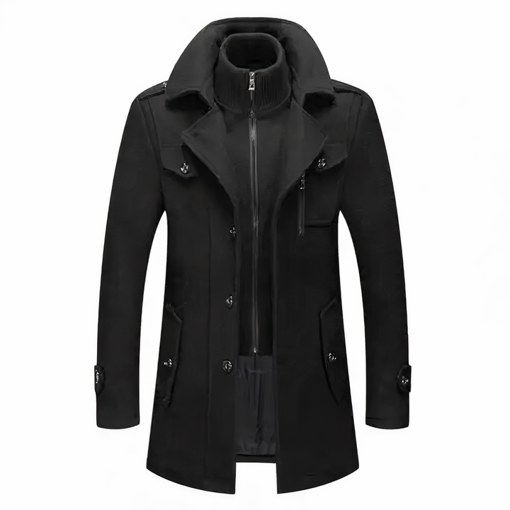 Modieuze herenjas Milan met stijlvolle dubbele kraag, ideaal voor herfst & winter. Tijdloze herenkleding.