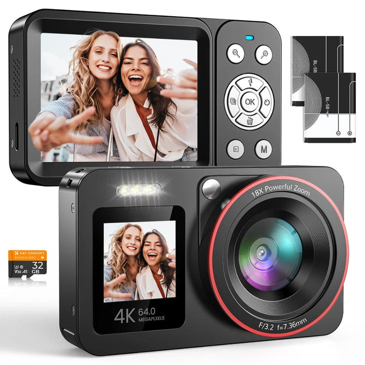 Professionele 4K digitale camera met 64MP en dual screen, ideaal voor vlogs, fotografie en reizen.
