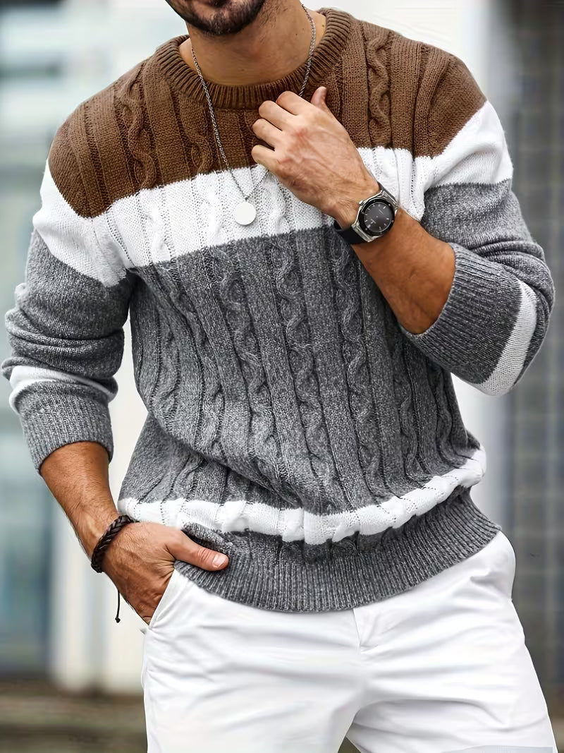 Heren trui met color block en ronde hals, perfect voor casual herfstmode.