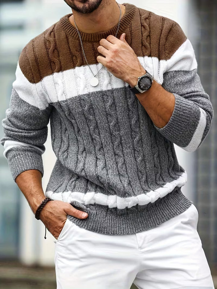 Heren trui met color block en ronde hals, perfect voor casual herfstmode.