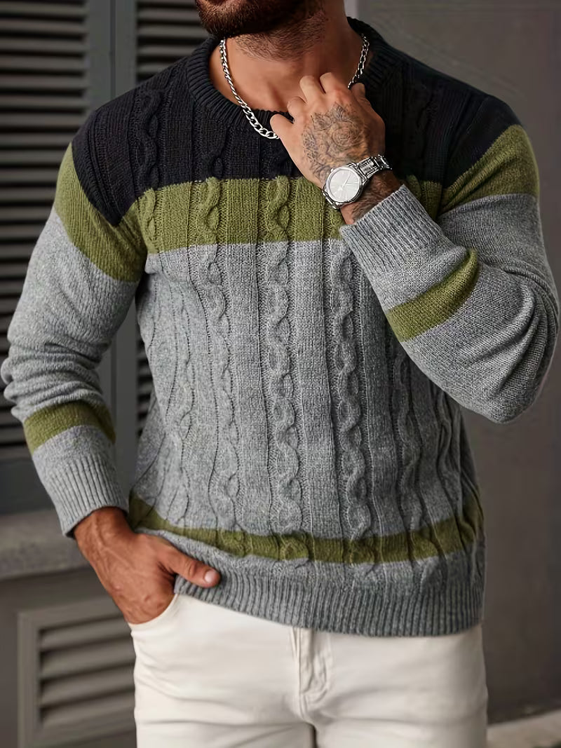 Herfst heren trui, color block, ronde hals, lange mouwen, casual kleding.