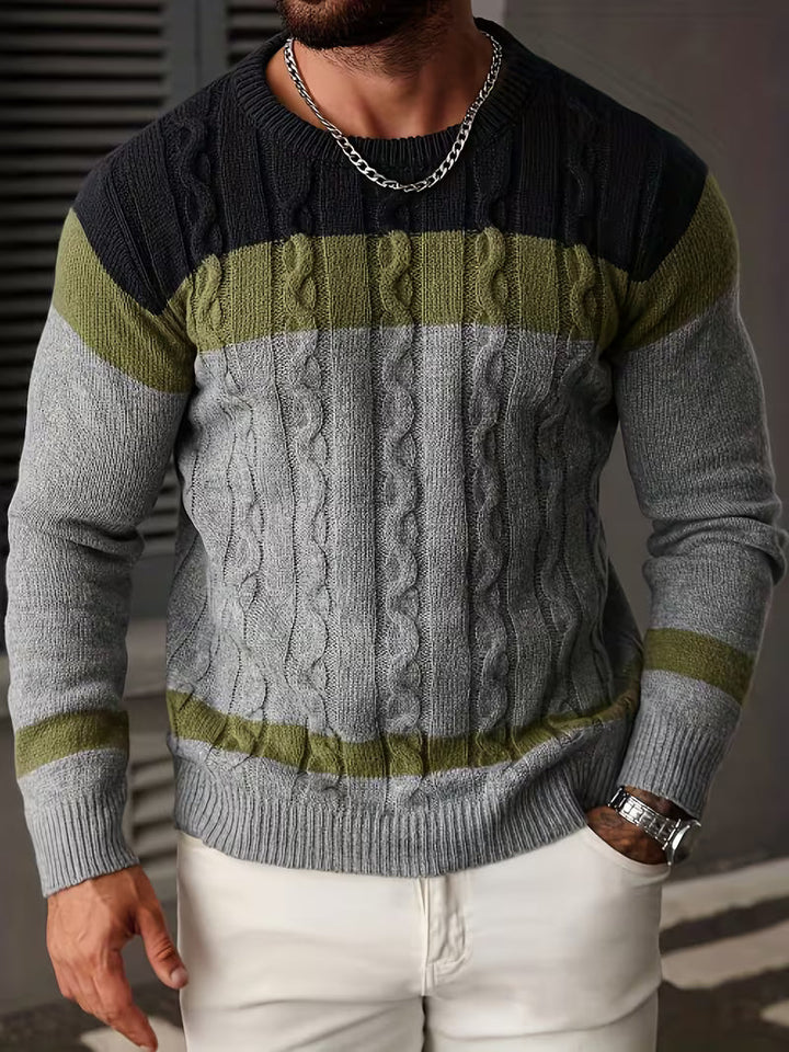 Stijlvolle color block heren trui met ronde hals, perfect voor relaxte dagen.