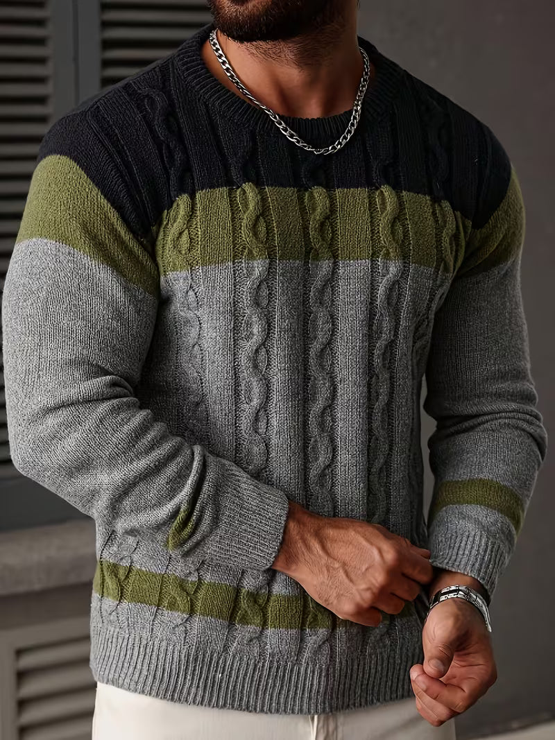 Heren crewneck sweater, color block, lange mouwen, comfortabele herfstmode.