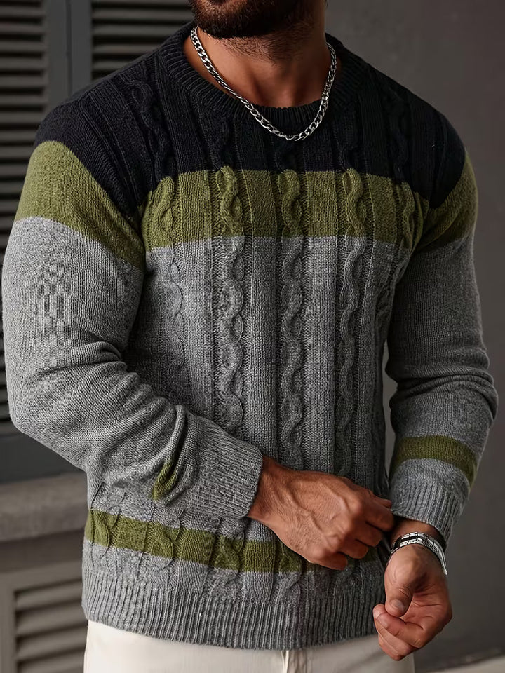 Heren crewneck sweater, color block, lange mouwen, comfortabele herfstmode.