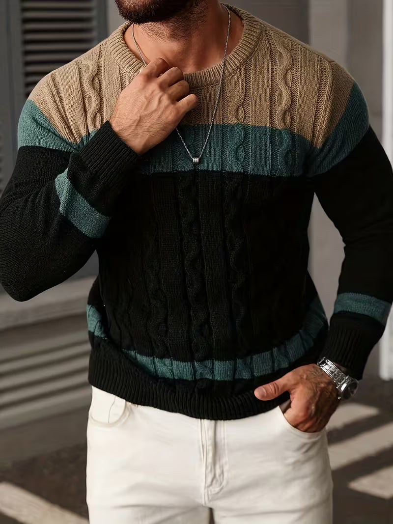 Herfst/winter heren trui, color block, crewneck, essentiële garderobe item.
