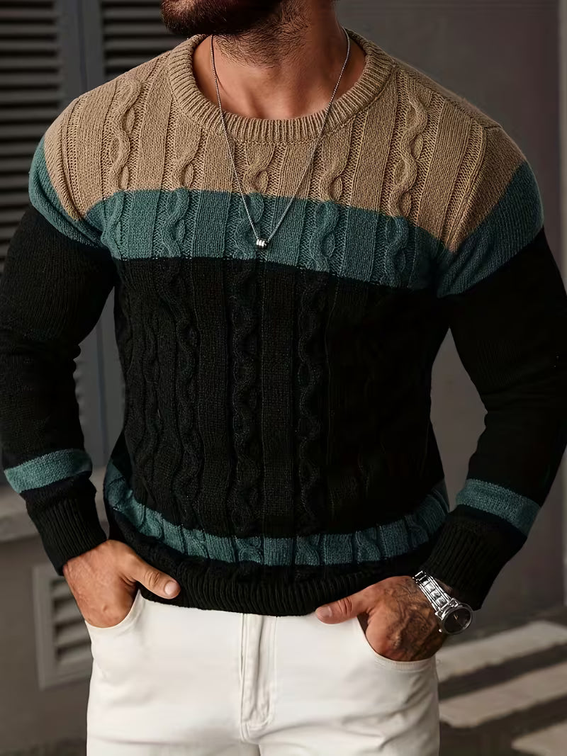Trendy heren trui, color block patroon, crewneck, lange mouwen voor herfst.
