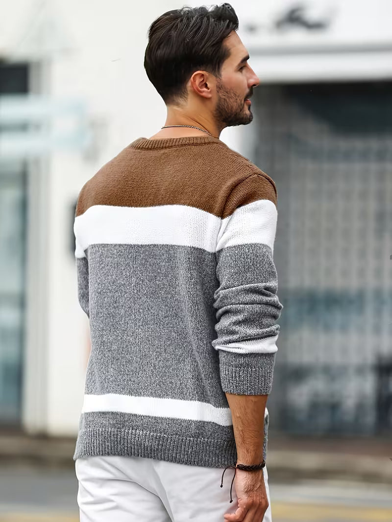 Comfortabele crewneck sweater voor heren, modern color block design.