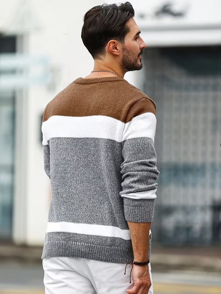Comfortabele crewneck sweater voor heren, modern color block design.