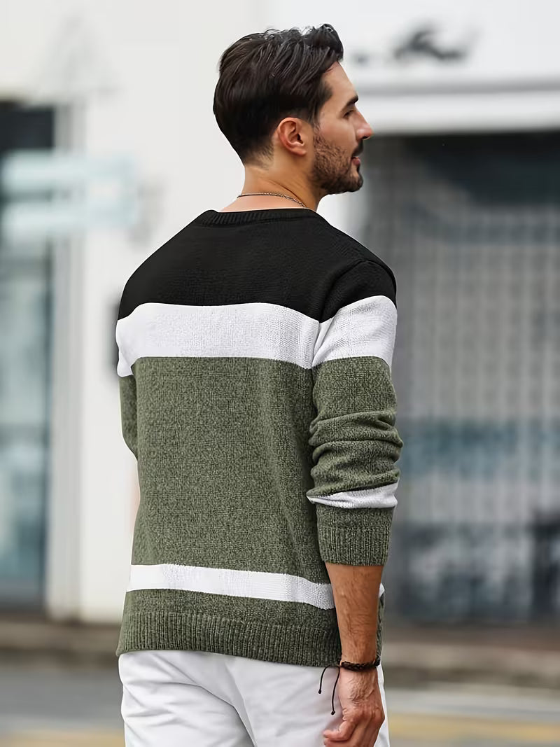 Stijlvolle heren crewneck sweater, color block, warme winter kleding.