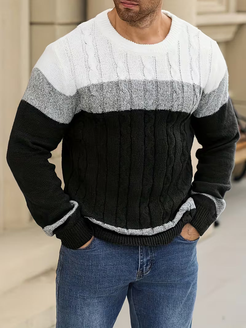 Warme color block heren trui, ronde hals, winter kleding, relaxte pasvorm.