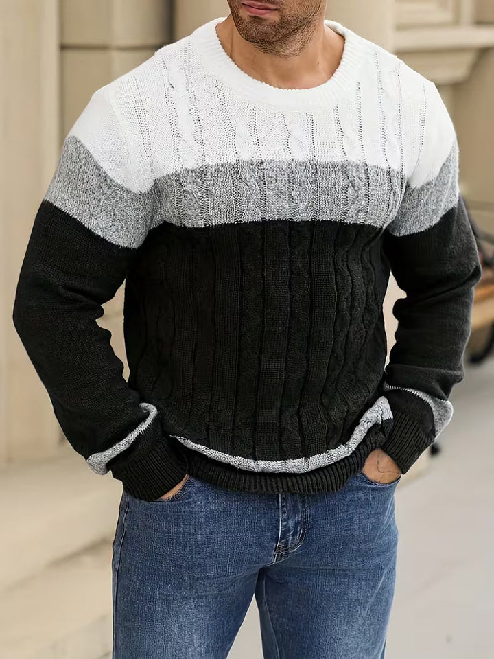 Warme color block heren trui, ronde hals, winter kleding, relaxte pasvorm.
