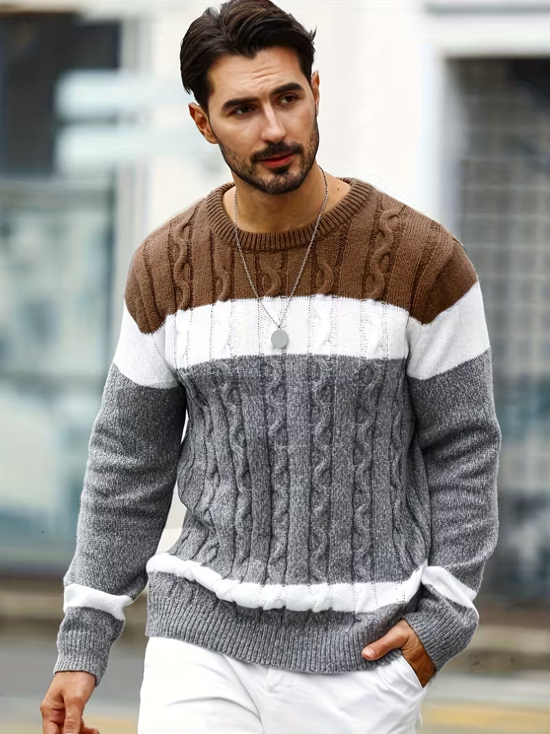 Casual heren color block trui, warme winter kleding, comfortabele pasvorm.