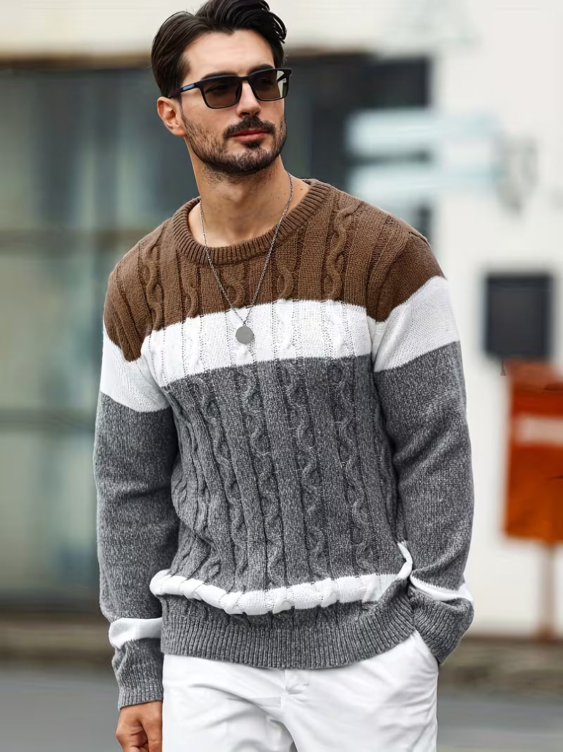 Heren crewneck sweater met contrasterende color blocks, ideaal voor de herfst.