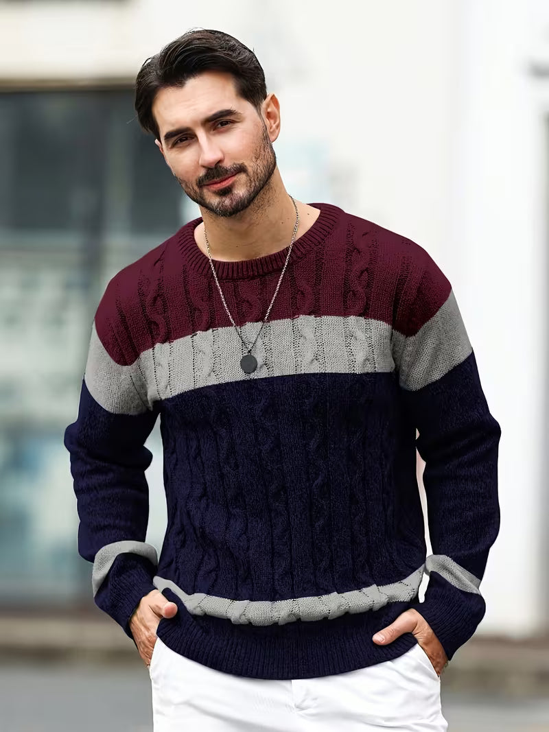 Warme heren trui met uniek color block design, ronde hals, casual look.