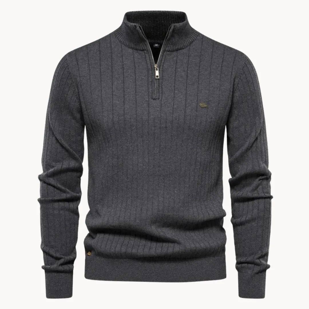 Stijlvolle heren ribtrui met opstaande kraag en praktische kwart rits, comfortabele smart casual mode.