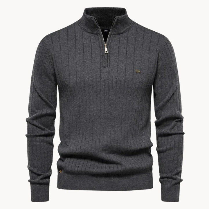 Stijlvolle heren ribtrui met opstaande kraag en praktische kwart rits, comfortabele smart casual mode.