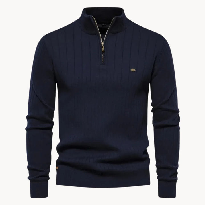 Heren trui met kwart rits, ribstructuur en opstaande kraag voor een smart casual look.