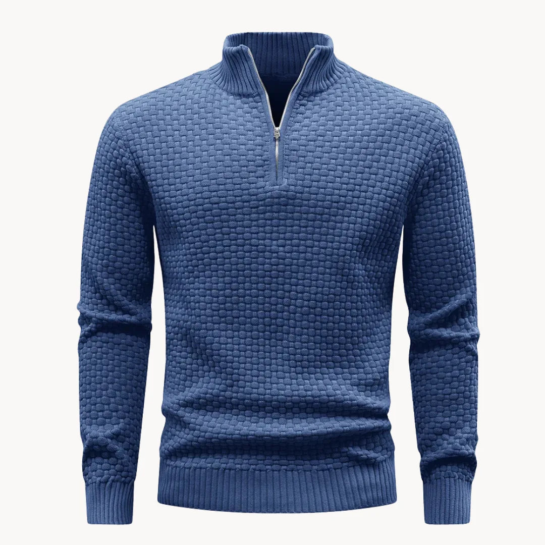 Heren gebreide trui met ritskraag en uniek honingraatpatroon, ideaal voor casual herfstlooks.